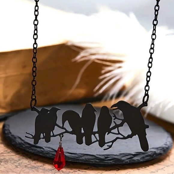 “Raven” Edgar Poe Perched Crows Birds Blood Droplet Macabre Gothic Grim Necklace - Picture 2 of 16